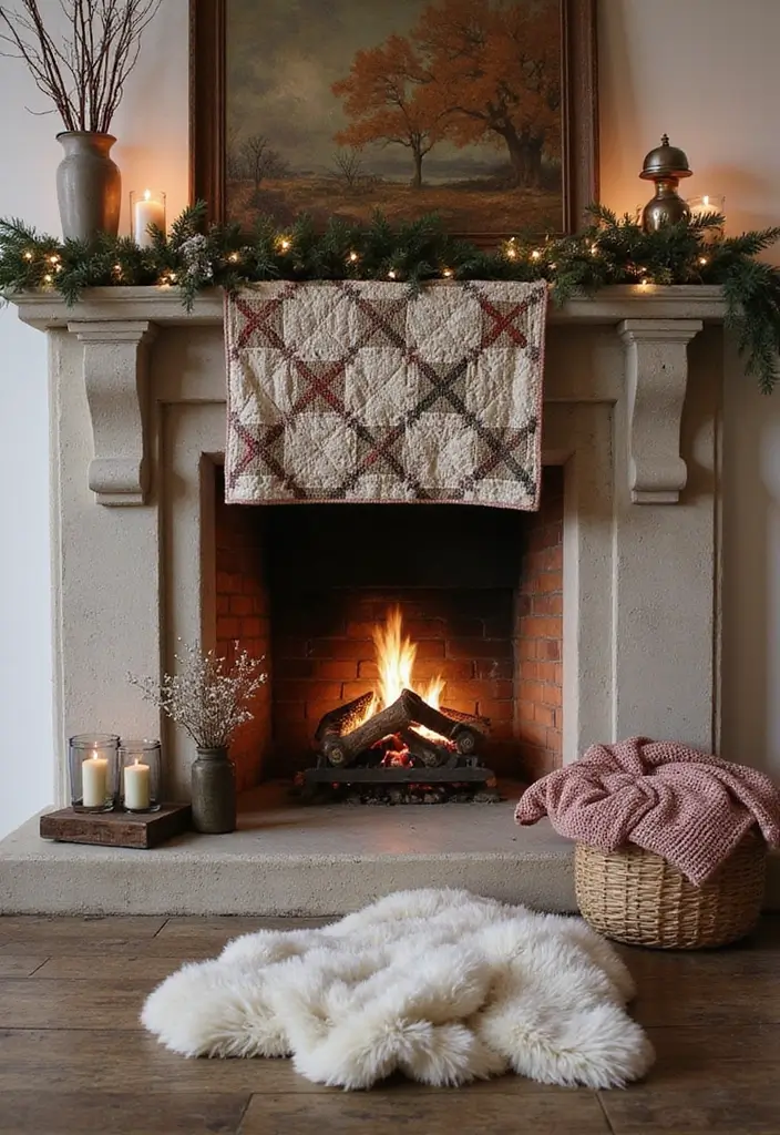28 Inside Fireplace Decor Ideas That Transform Empty Fireboxes 7 28 Inside Fireplace Decor Ideas That Transform Empty Fireboxes - 7. Quilts and Throws
