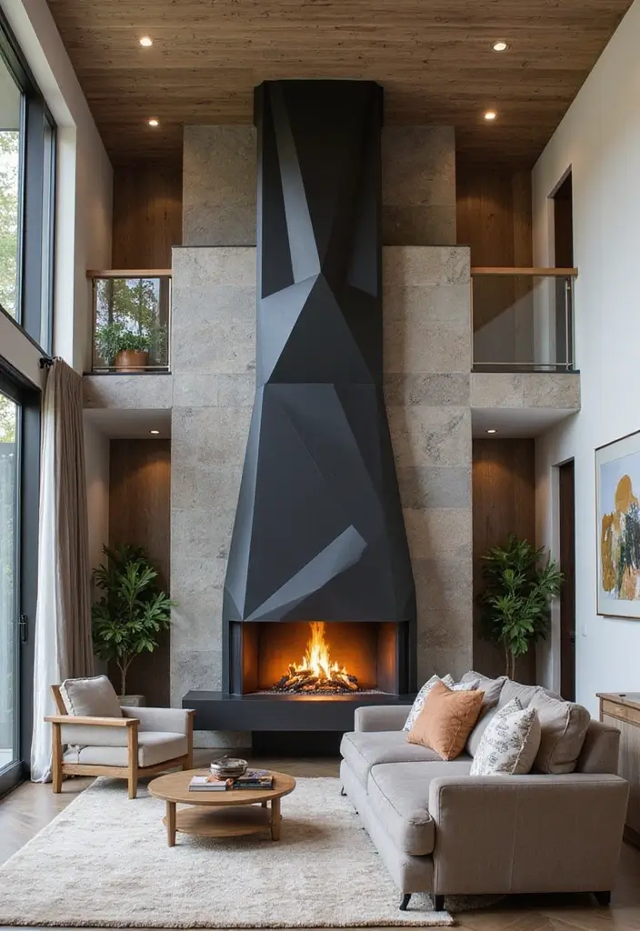 28 Two Story Fireplace Inspirations That Steal the Show 12 28 Two Story Fireplace Inspirations That Steal the Show - 12. Unique Geometric Designs