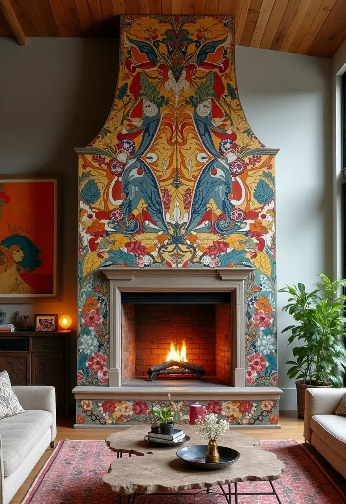 28 Two Story Fireplace Inspirations That Steal the Show 6 28 Two Story Fireplace Inspirations That Steal the Show - 6. Statement Fireplaces with Artistic Flair