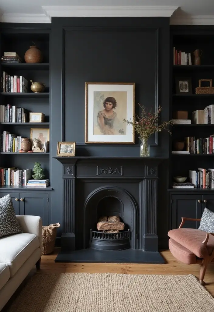 29 Black Fireplace Wall Ideas That Add Drama and Style 10 29 Black Fireplace Wall Ideas That Add Drama and Style - 10. Open Shelving