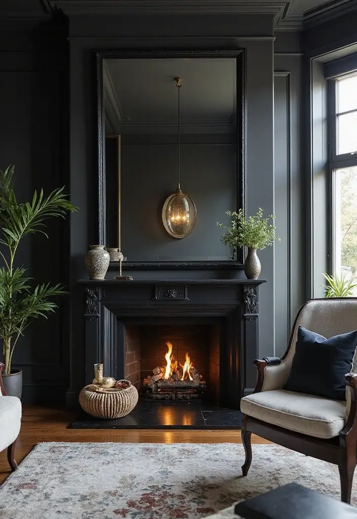29 Black Fireplace Wall Ideas That Add Drama and Style 12 29 Black Fireplace Wall Ideas That Add Drama and Style - 12. Mirror Accents