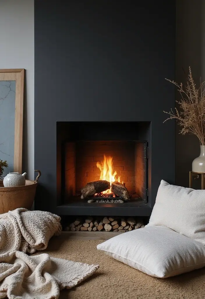 29 Black Fireplace Wall Ideas That Add Drama and Style 13 29 Black Fireplace Wall Ideas That Add Drama and Style - 13. Soft Textiles