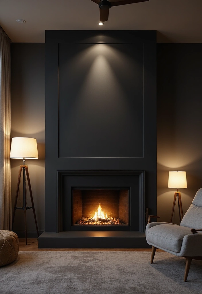 29 Black Fireplace Wall Ideas That Add Drama and Style 15 29 Black Fireplace Wall Ideas That Add Drama and Style - 15. Layered Lighting