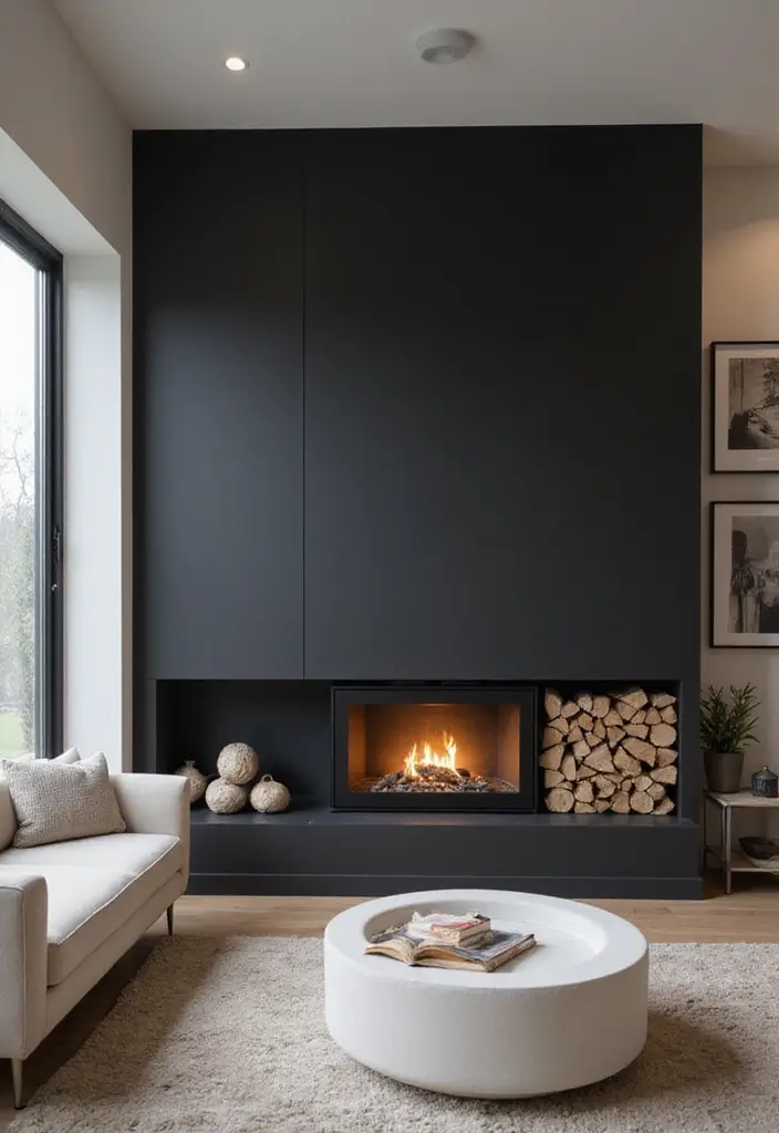 29 Black Fireplace Wall Ideas That Add Drama and Style 17 29 Black Fireplace Wall Ideas That Add Drama and Style - 17. Sleek Firewood Storage