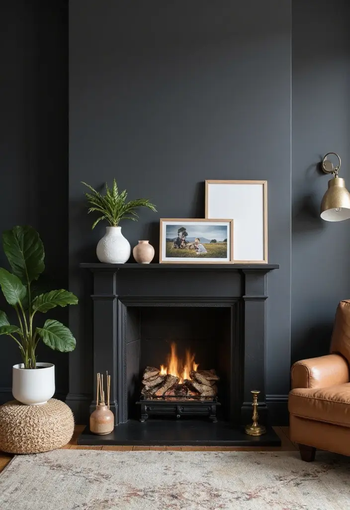 29 Black Fireplace Wall Ideas That Add Drama and Style 23 29 Black Fireplace Wall Ideas That Add Drama and Style - 23. Ledge for Personal Touches