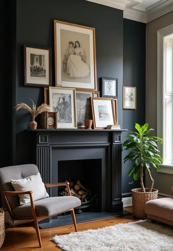 29 Black Fireplace Wall Ideas That Add Drama and Style 26 29 Black Fireplace Wall Ideas That Add Drama and Style - 26. Layered Wall Art