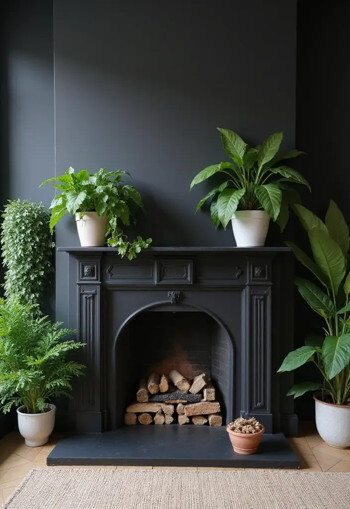29 Black Fireplace Wall Ideas That Add Drama and Style 6 29 Black Fireplace Wall Ideas That Add Drama and Style - 6. Greenery Contrast