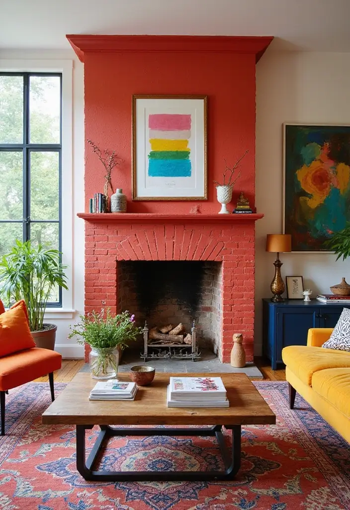 29 Brick Fireplace Inspirations That Feel Rustic Yet Chic - 15. Bold Colors and Patterns