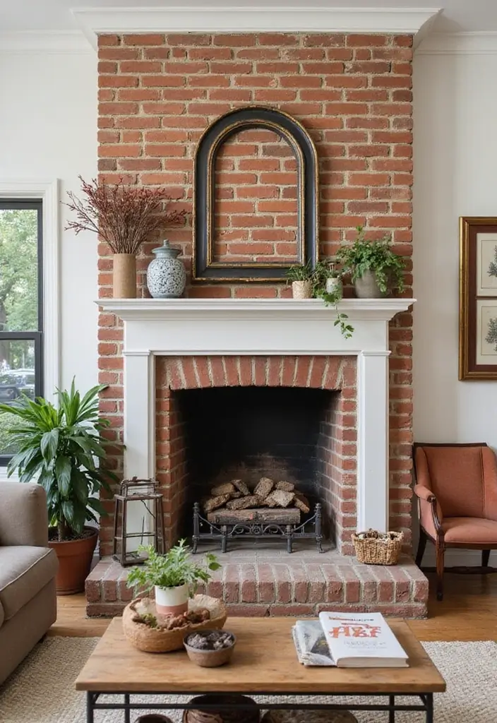 29 Brick Fireplace Inspirations That Feel Rustic Yet Chic - 23. Mismatched Mantels