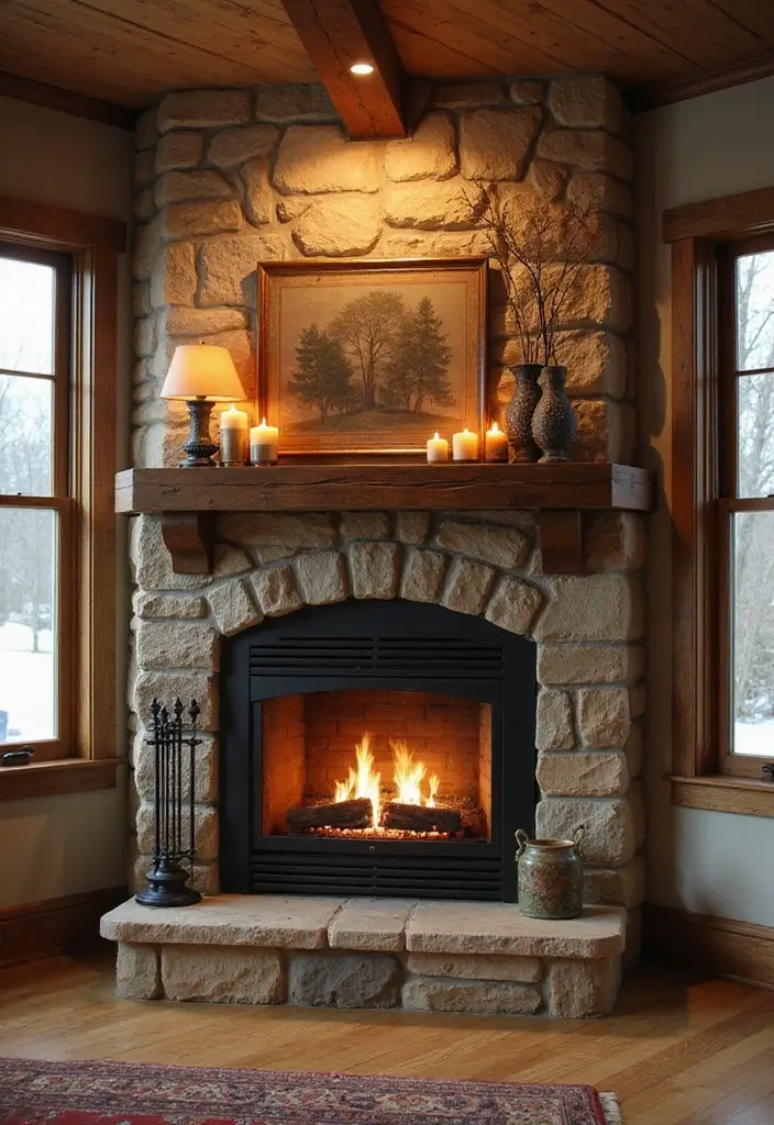 29 Corner Fireplace Inspirations That Maximize Space 23 29 Corner Fireplace Inspirations That Maximize Space - 23. Rustic Beam Accents