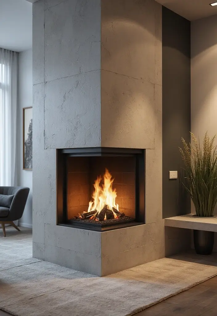 29 Corner Fireplace Inspirations That Maximize Space 3 29 Corner Fireplace Inspirations That Maximize Space - 3. Modern Elegance