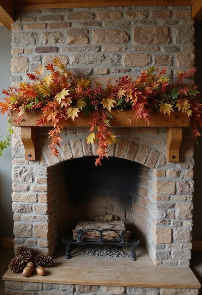 29 Fall Mantel Decor Ideas That Warm Up Any Room 1 29 Fall Mantel Decor Ideas That Warm Up Any Room - 1. Rustic Wood Beams and Seasonal Leaves