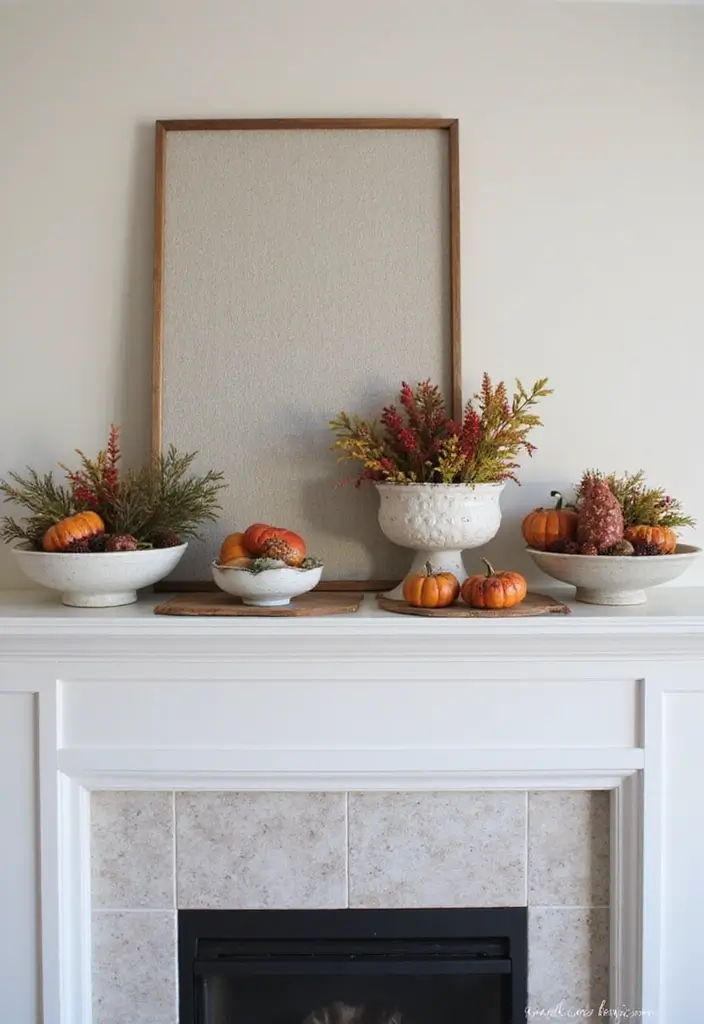 29 Fall Mantel Decor Ideas That Warm Up Any Room 14 29 Fall Mantel Decor Ideas That Warm Up Any Room - 14. Textured Bowls and Trays