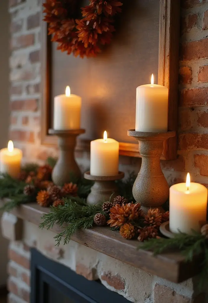 29 Fall Mantel Decor Ideas That Warm Up Any Room 22 29 Fall Mantel Decor Ideas That Warm Up Any Room - 22. Earthy Candle Holders