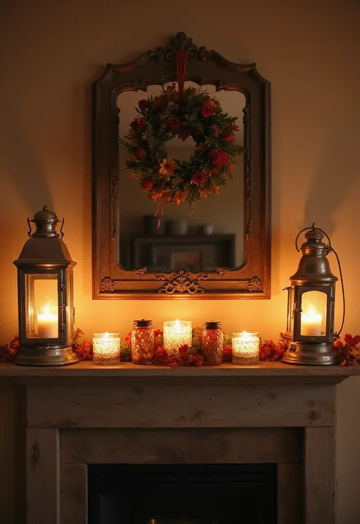 29 Fall Mantel Decor Ideas That Warm Up Any Room 3 29 Fall Mantel Decor Ideas That Warm Up Any Room - 3. Vintage Lanterns and Candles