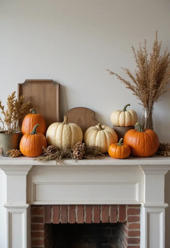 29 Fall Mantel Decor Ideas That Warm Up Any Room 4 29 Fall Mantel Decor Ideas That Warm Up Any Room - 4. Pumpkins Galore