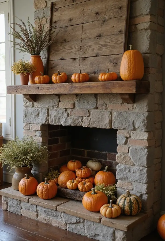 29 Fall Mantel Decorating Ideas for a Cozy Seasonal Vibe 1 29 Fall Mantel Decorating Ideas for a Cozy Seasonal Vibe - 1. Warm Wood and Whimsical Pumpkins
