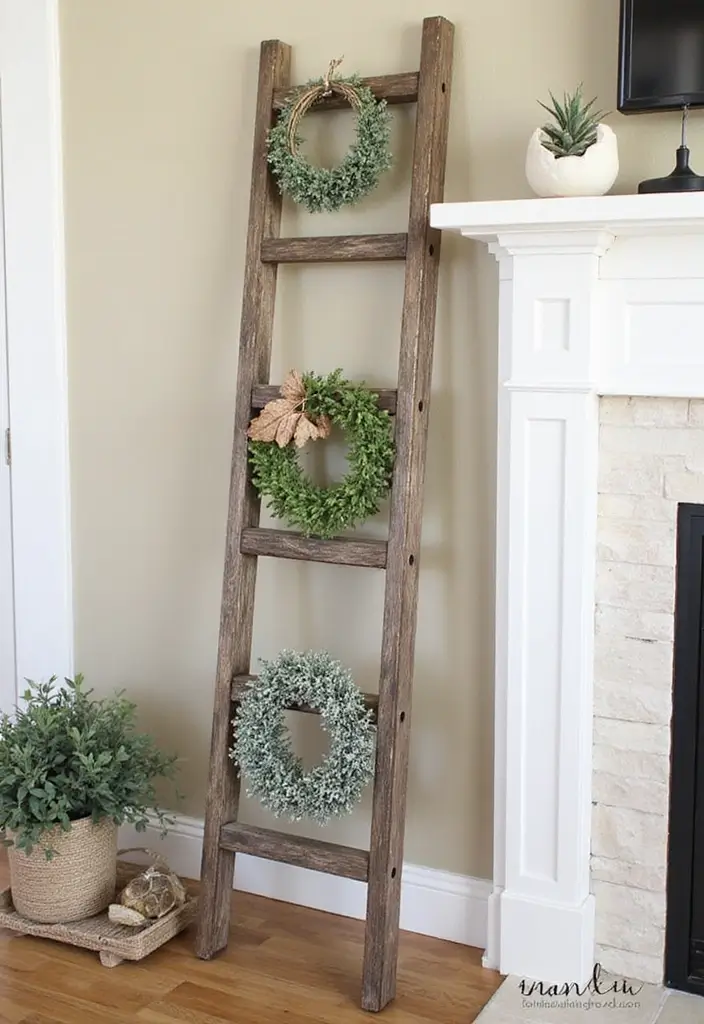 29 Fall Mantel Decorating Ideas for a Cozy Seasonal Vibe 11 29 Fall Mantel Decorating Ideas for a Cozy Seasonal Vibe - 11. Rustic Ladder Display