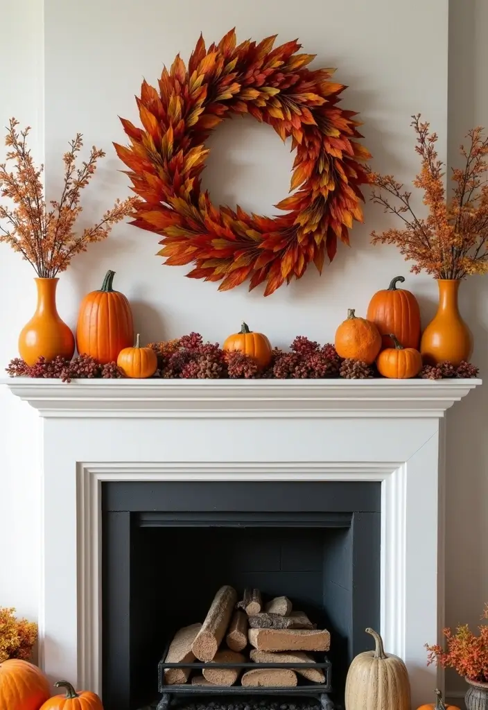29 Fall Mantel Decorating Ideas for a Cozy Seasonal Vibe 12 29 Fall Mantel Decorating Ideas for a Cozy Seasonal Vibe - 12. Seasonal Wreaths as Focal Points