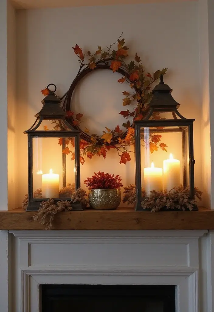 29 Fall Mantel Decorating Ideas for a Cozy Seasonal Vibe 16 29 Fall Mantel Decorating Ideas for a Cozy Seasonal Vibe - 16. Enchanted Farmhouse Lanterns