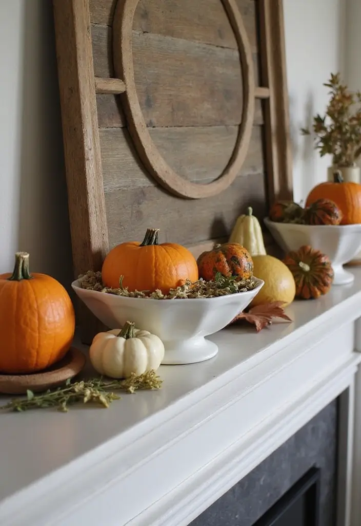 29 Fall Mantel Decorating Ideas for a Cozy Seasonal Vibe 19 29 Fall Mantel Decorating Ideas for a Cozy Seasonal Vibe - 19. Seasonal Dishes and Bowls