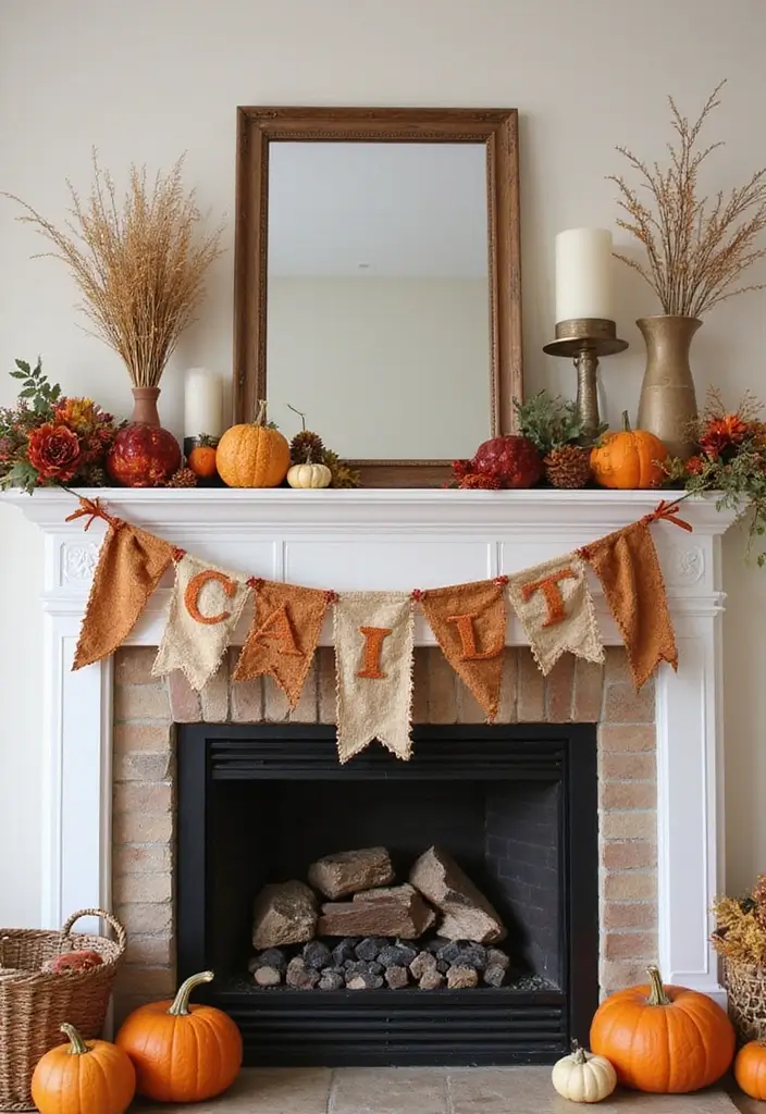 29 Fall Mantel Decorating Ideas for a Cozy Seasonal Vibe 20 29 Fall Mantel Decorating Ideas for a Cozy Seasonal Vibe - 20. Festive Textile Banners
