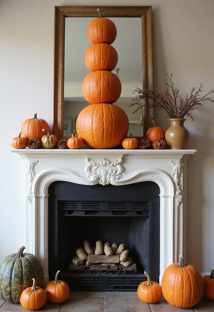 29 Fall Mantel Decorating Ideas for a Cozy Seasonal Vibe 22 29 Fall Mantel Decorating Ideas for a Cozy Seasonal Vibe - 22. Pumpkin Towers for a Statement Piece
