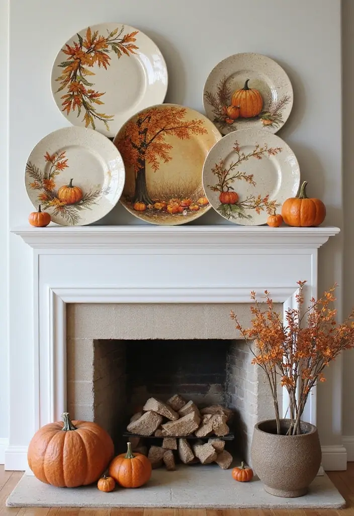 29 Fall Mantel Decorating Ideas for a Cozy Seasonal Vibe 24 29 Fall Mantel Decorating Ideas for a Cozy Seasonal Vibe - 24. Themed Decorative Plates