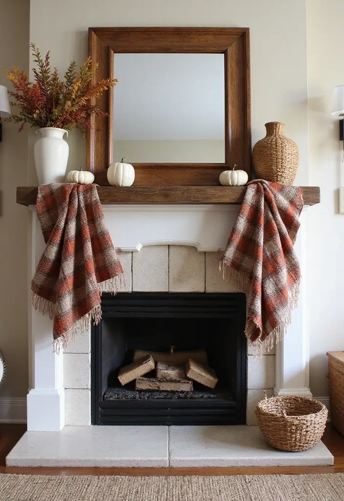 29 Fall Mantel Decorating Ideas for a Cozy Seasonal Vibe 28 29 Fall Mantel Decorating Ideas for a Cozy Seasonal Vibe - 28. Cozy Autumn Accents with Plaid