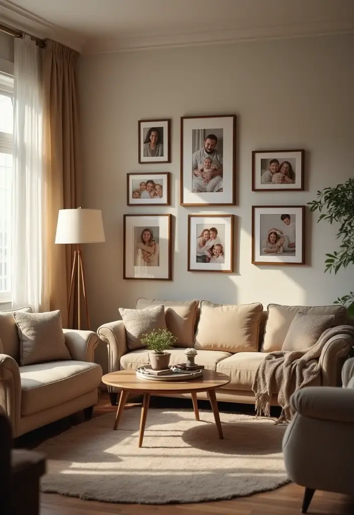29 Living Room Without Fireplace Ideas That Still Feel Cozy 19 29 Living Room Without Fireplace Ideas That Still Feel Cozy - 19. Personal Touches with Family Photos