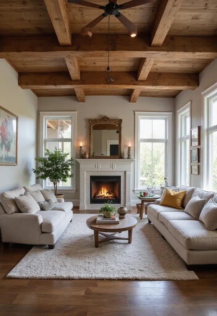29 Living Room Without Fireplace Ideas That Still Feel Cozy 24 29 Living Room Without Fireplace Ideas That Still Feel Cozy - 24. Rustic Charm with Wood Beams