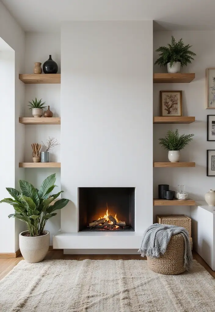 29 Small Living Room Ideas With Fireplace That Maximize Space - 1. Floating Shelves by the Fireplace