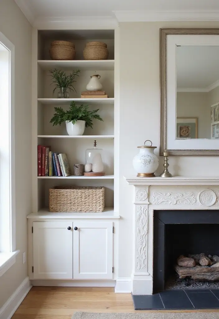 29 Small Living Room Ideas With Fireplace That Maximize Space - 14. Open Shelving Next to the Fireplace