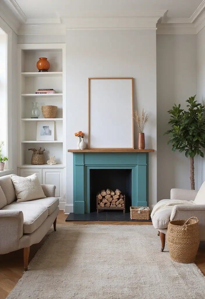29 Small Living Room Ideas With Fireplace That Maximize Space - 17. Neutral Palette with Pops of Color