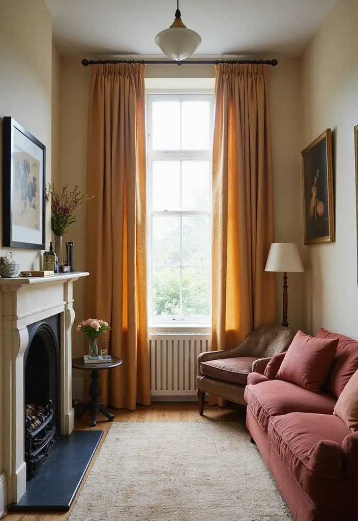 29 Small Living Room Ideas With Fireplace That Maximize Space - 20. Layered Curtains