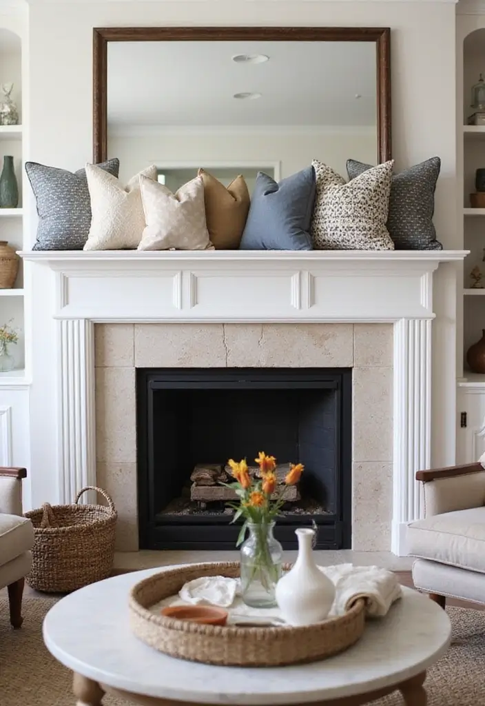 30 Fireplace Accent Wall Inspirations That Steal the Spotlight 16 30 Fireplace Accent Wall Inspirations That Steal the Spotlight - 16. Pillowed Mantel Accents