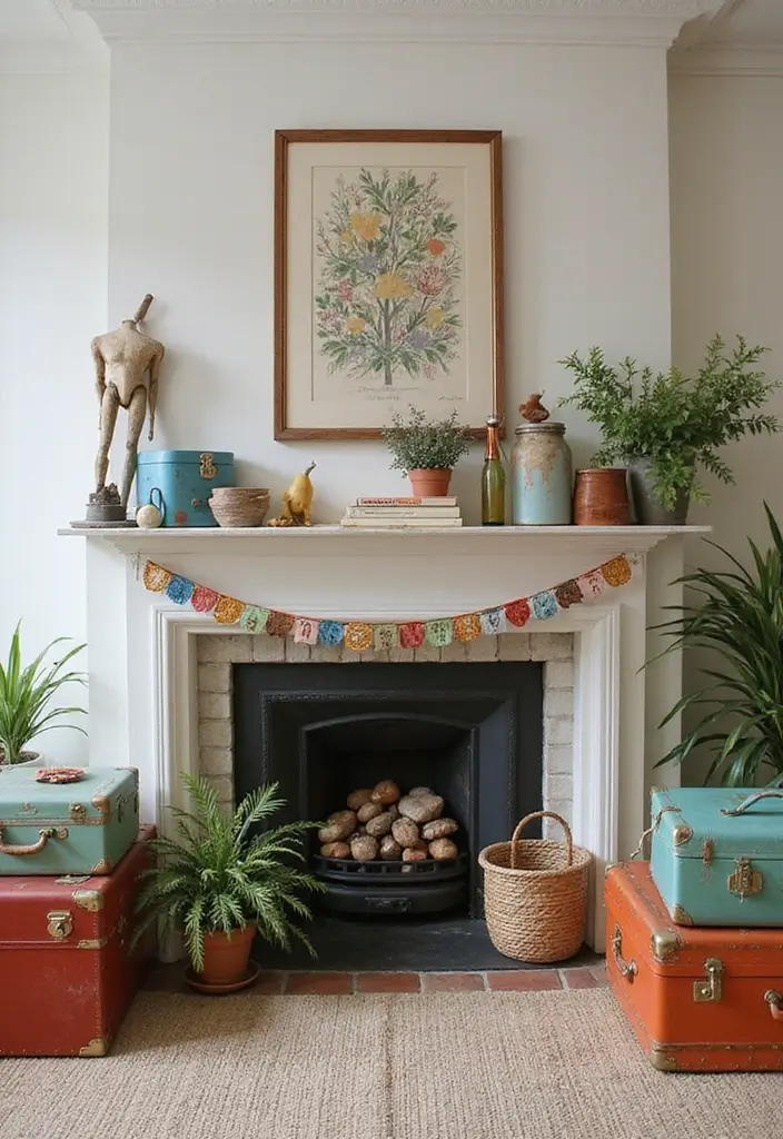 30 Fireplace Accent Wall Inspirations That Steal the Spotlight 24 30 Fireplace Accent Wall Inspirations That Steal the Spotlight - 24. Vintage Suitcase Displays