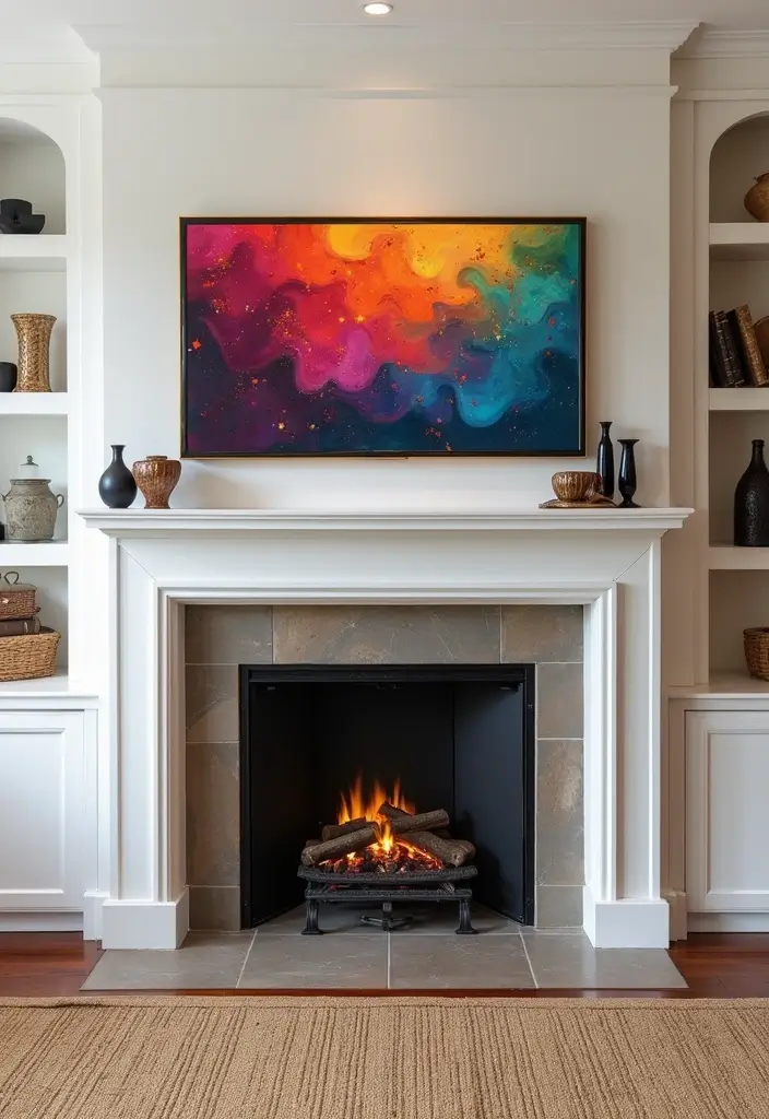 30 Fireplace Mantle Decor With TV Above That Looks Balanced - 16. Colorful Artwork
