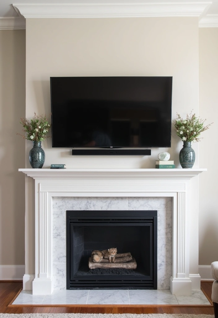 30 Fireplace Mantle Decor With TV Above That Looks Balanced - 2. Symmetrical Arrangements