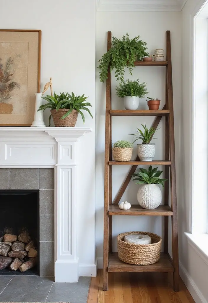 30 Fireplace Mantle Decor With TV Above That Looks Balanced - 21. Ladder Shelf Decor