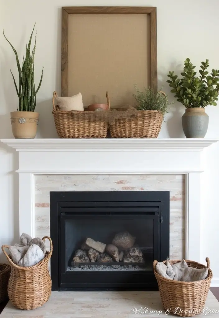 30 Fireplace Mantle Decor With TV Above That Looks Balanced - 24. Rustic Baskets
