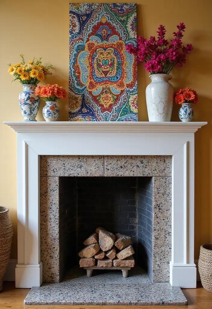 30 Fireplace Mantle Decor With TV Above That Looks Balanced - 28. Bold Patterns