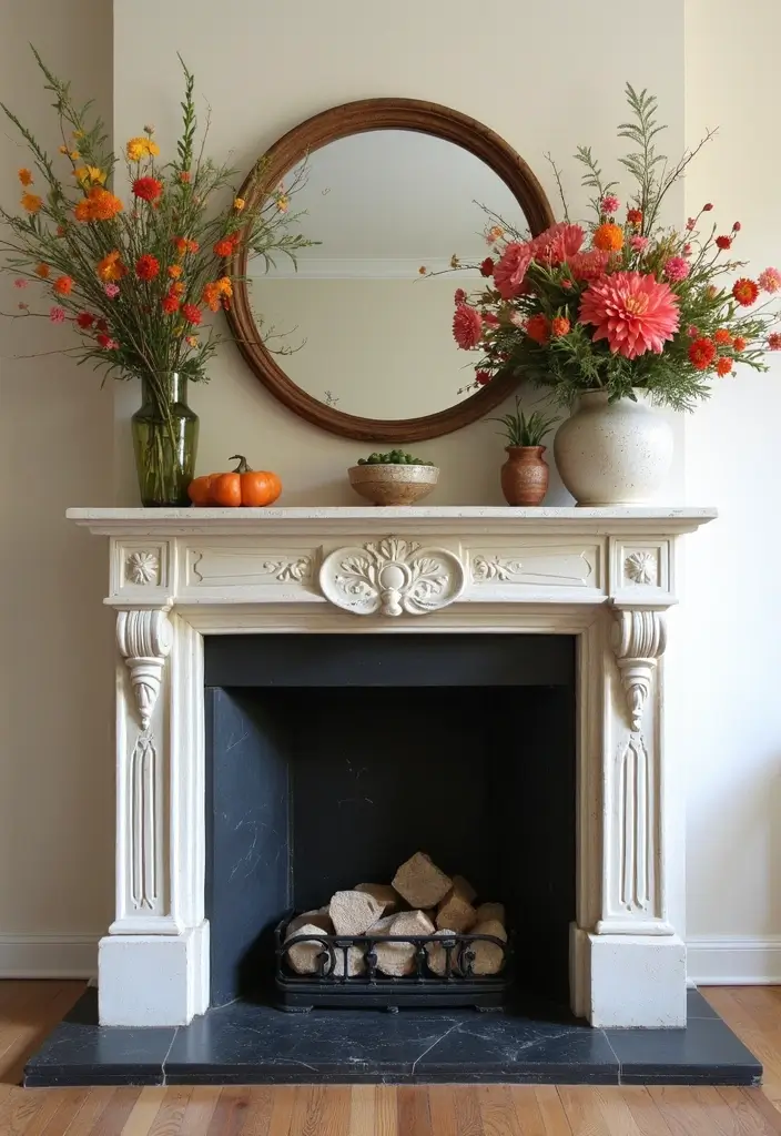 30 Fireplace Mantle Decor With TV Above That Looks Balanced - 30. Floral Arrangements