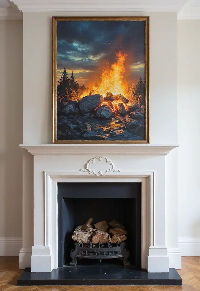 30 Fireplace Mantle Decor With TV Above That Looks Balanced - 7. Statement Art Piece