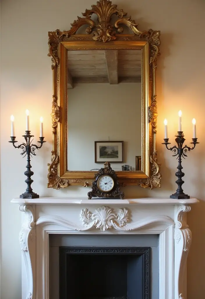 30 Fireplace Mirror Ideas That Add Depth and Elegance 1 30 Fireplace Mirror Ideas That Add Depth and Elegance - 1. Antique Gold Framed Mirror