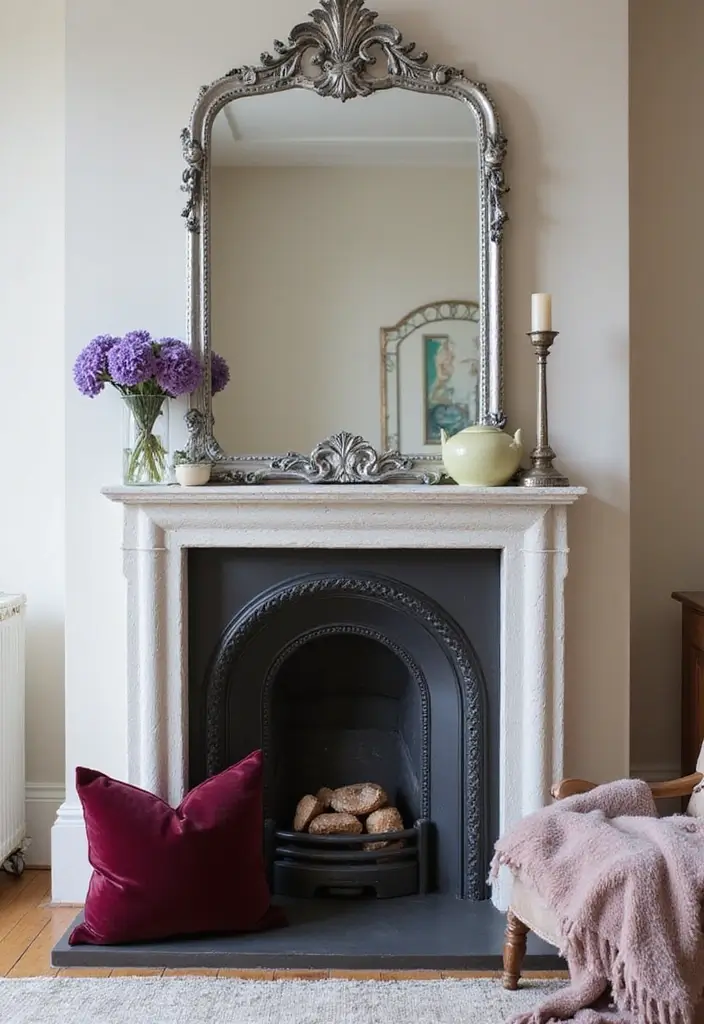 30 Fireplace Mirror Ideas That Add Depth and Elegance 10 30 Fireplace Mirror Ideas That Add Depth and Elegance - 10. Vintage Silver Leaf Mirror