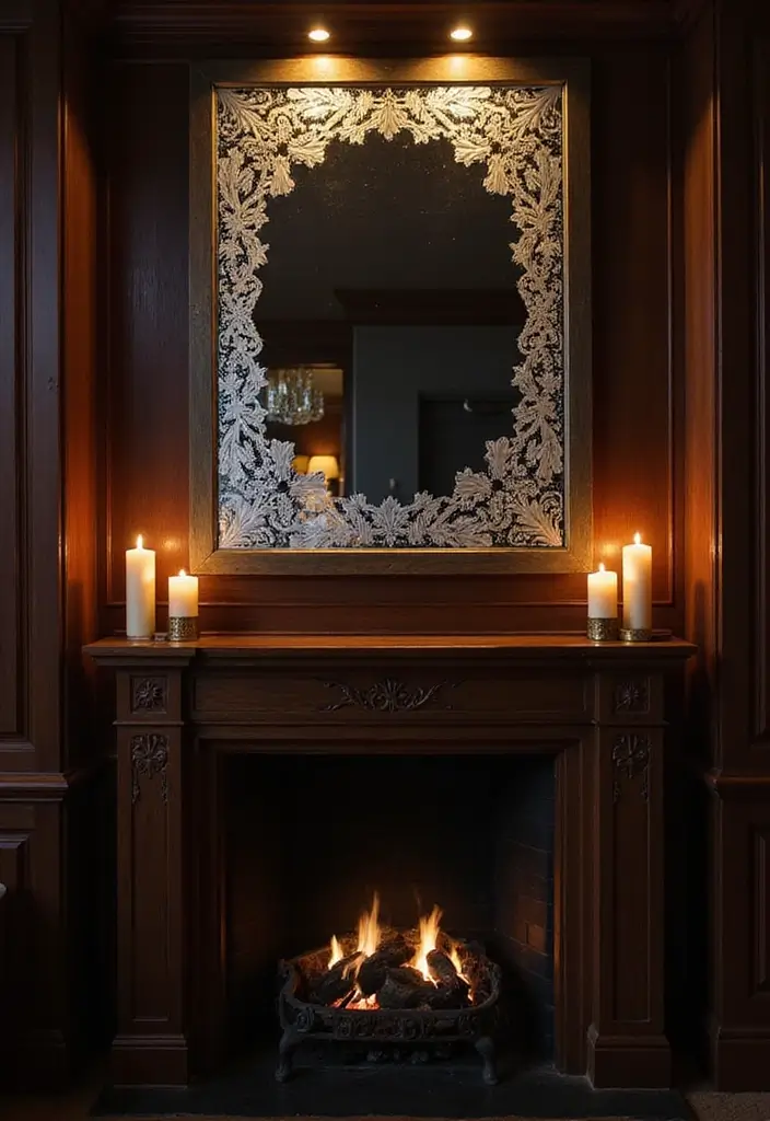 30 Fireplace Mirror Ideas That Add Depth and Elegance 12 30 Fireplace Mirror Ideas That Add Depth and Elegance - 12. Vintage Etched Mirror