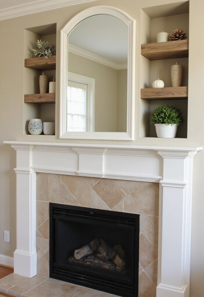 30 Fireplace Mirror Ideas That Add Depth and Elegance 14 30 Fireplace Mirror Ideas That Add Depth and Elegance - 14. Wall-Mounted Mirror with Shelves