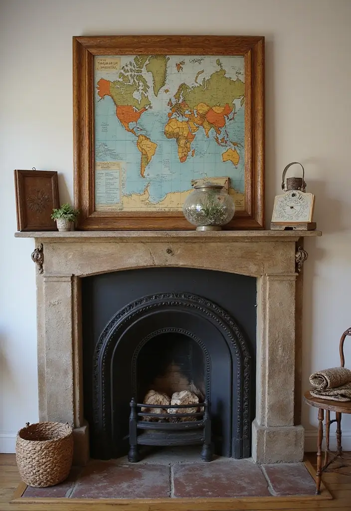 30 Fireplace Mirror Ideas That Add Depth and Elegance 15 30 Fireplace Mirror Ideas That Add Depth and Elegance - 15. Vintage Travel Mirror