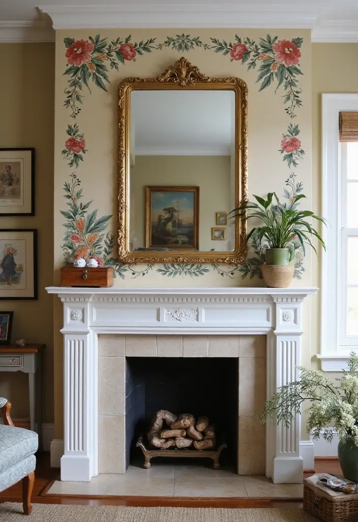 30 Fireplace Mirror Ideas That Add Depth and Elegance 17 30 Fireplace Mirror Ideas That Add Depth and Elegance - 17. Vintage Mural Mirror